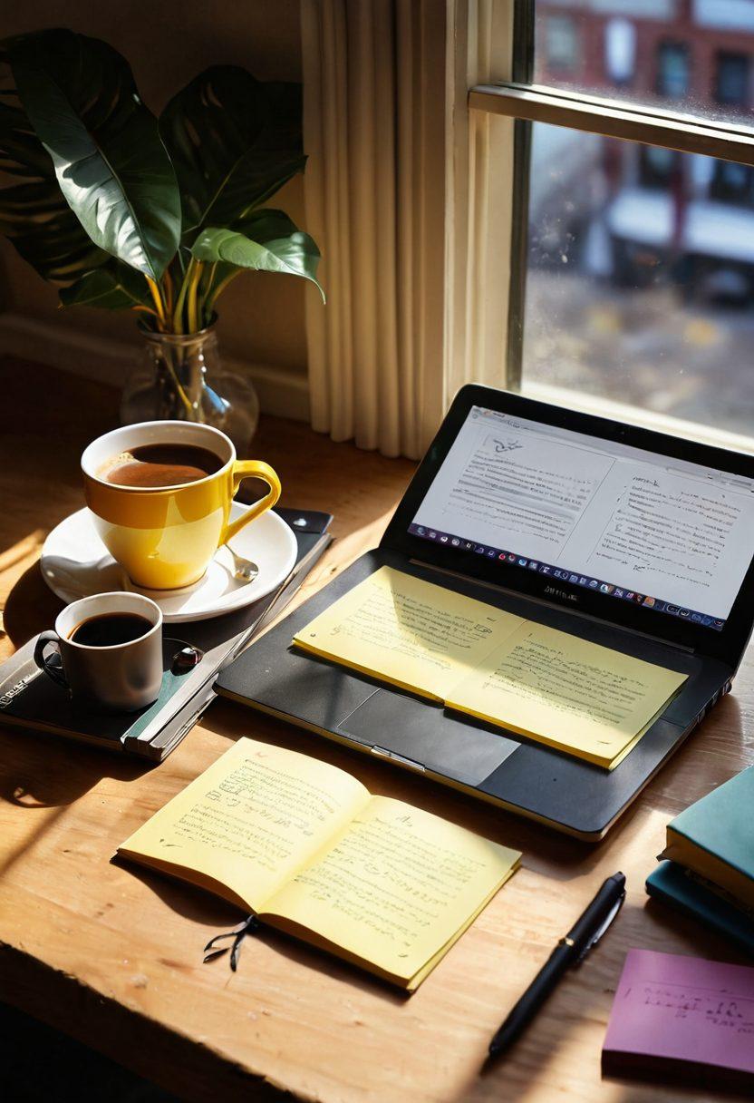 A serene workspace featuring a vintage journal with a quill pen beside a modern laptop displaying MaxBulk's interface. Soft sunlight filters through a nearby window, illuminating colorful sticky notes and a steaming cup of coffee. A subtle representation of digital data waves flows around the journal, symbolizing the blend of traditional writing and digital organization. Overall, the scene embodies creativity and inspiration. vibrant colors. super-realistic. warm lighting.
