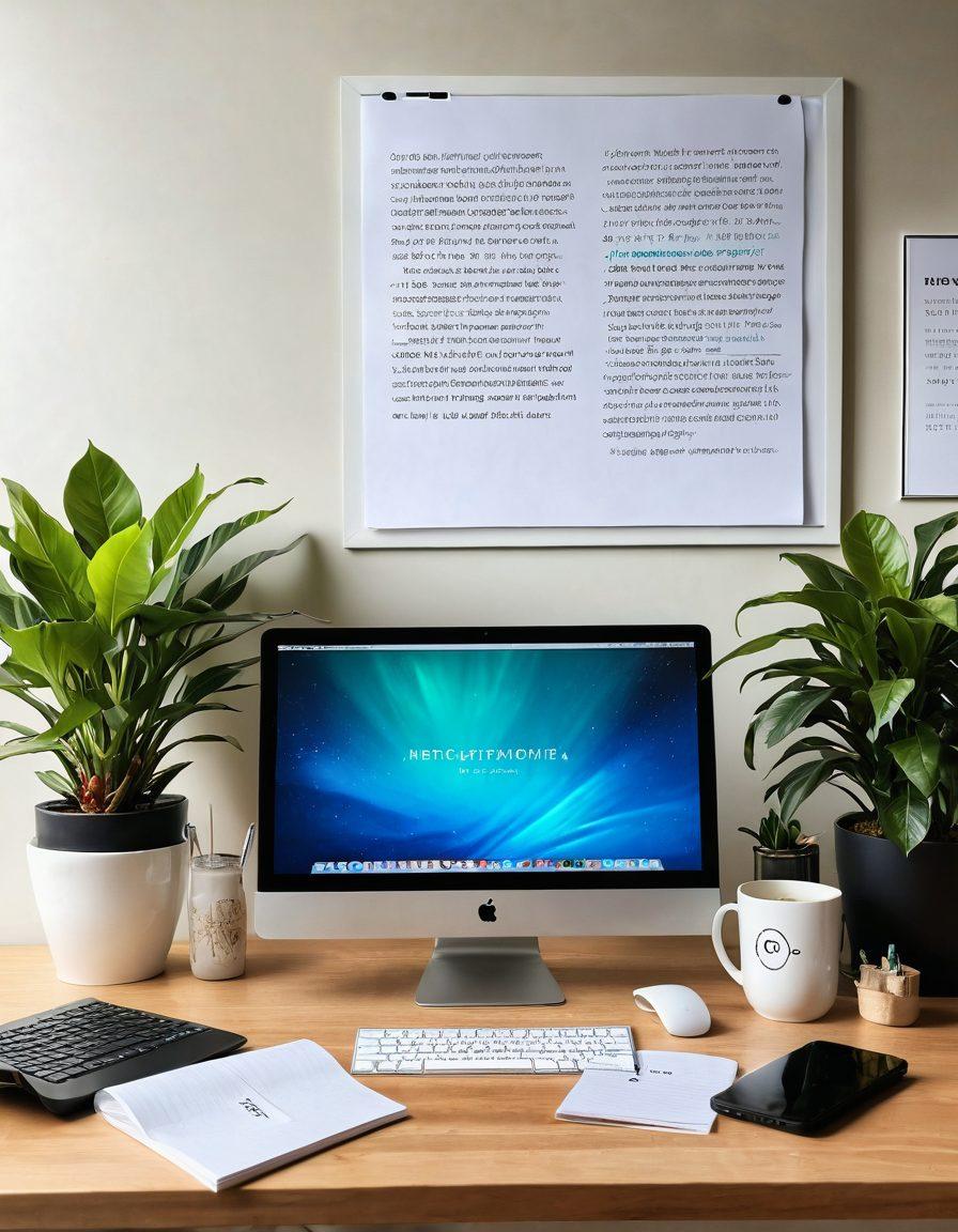 A sleek workspace featuring a computer displaying a content management system on the screen, surrounded by neatly arranged notes, a steaming coffee mug, and a potted plant for a touch of nature. The background shows a wall filled with inspiring quotes about writing and productivity. The lighting is bright and inviting, symbolizing creativity and focus. super-realistic. vibrant colors. modern office style.